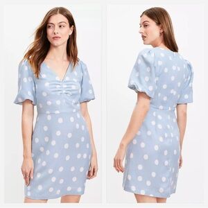 LOFT Light Blue Polka Dot Mini Dress with bubble sleeves, EUC, size 2